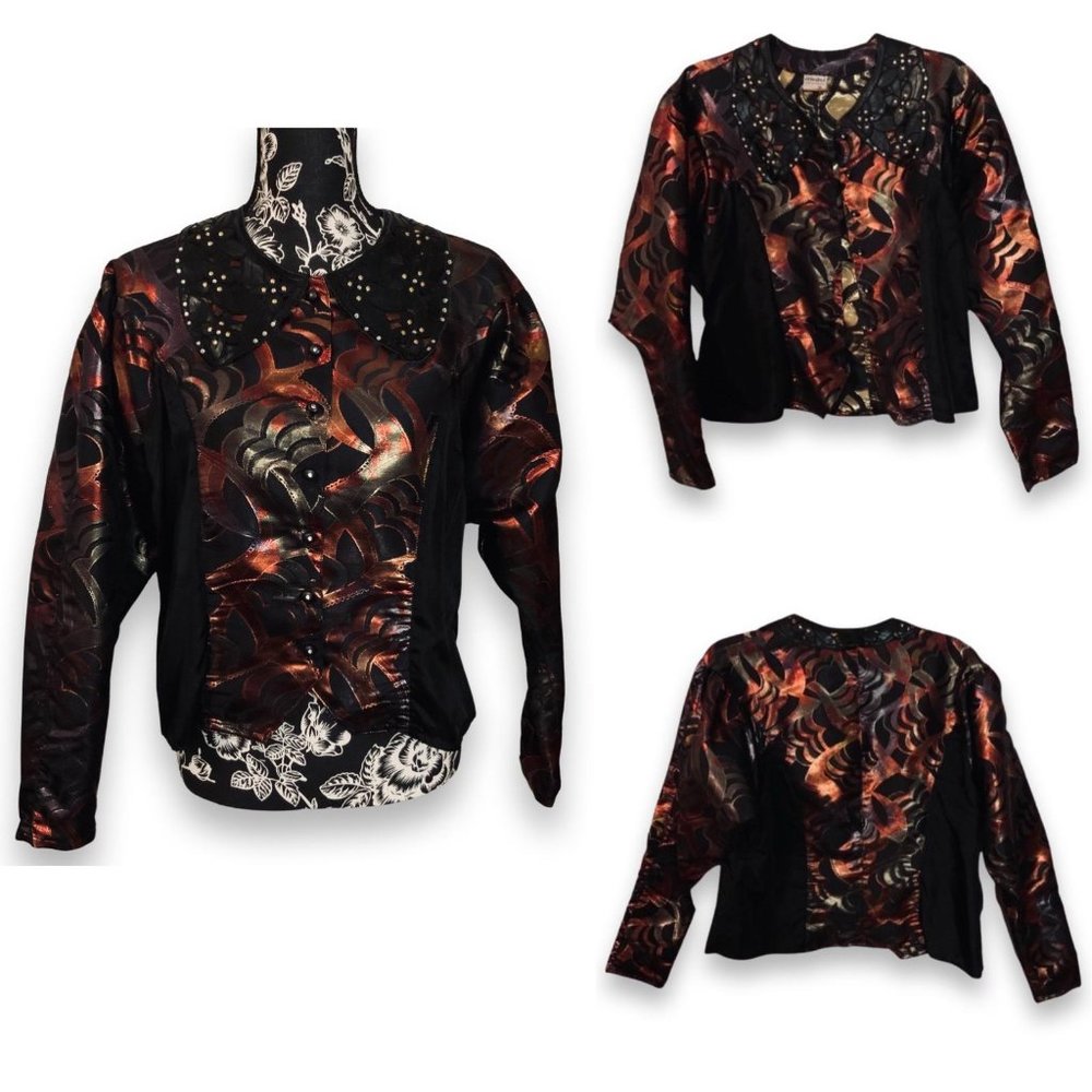 Vintage cris devi Crew Neck Cutout Metallic Button Blouse Women S/38 Black